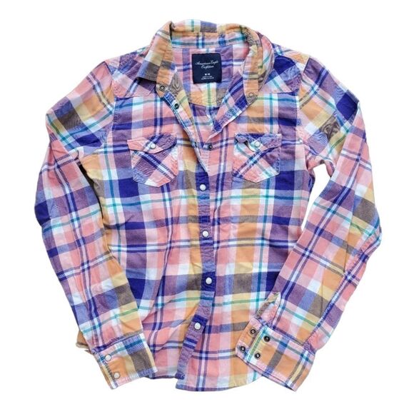 American Eagle Colorful Plaid Button-down Shirt Women's Size Medium 90% Cotton - Picture 2 of 5